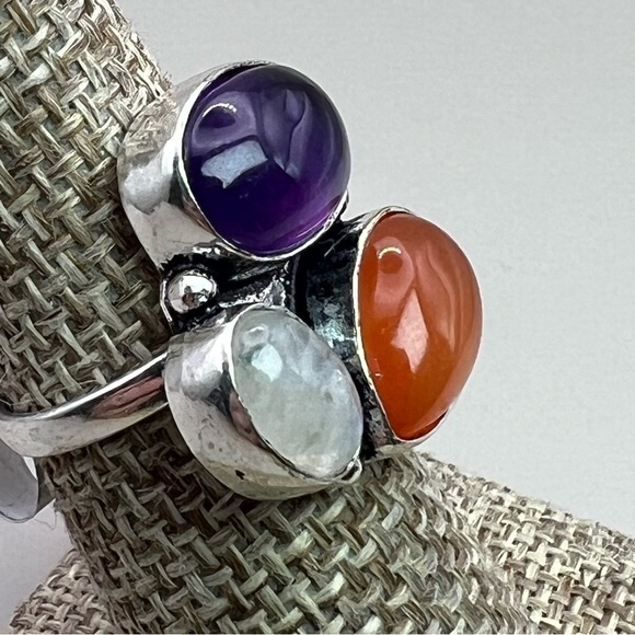 New Carnelian, Moonstone & Amethyst Crystal Multi Stone Silver Overlay Ring 6.25 - Picture 2 of 3